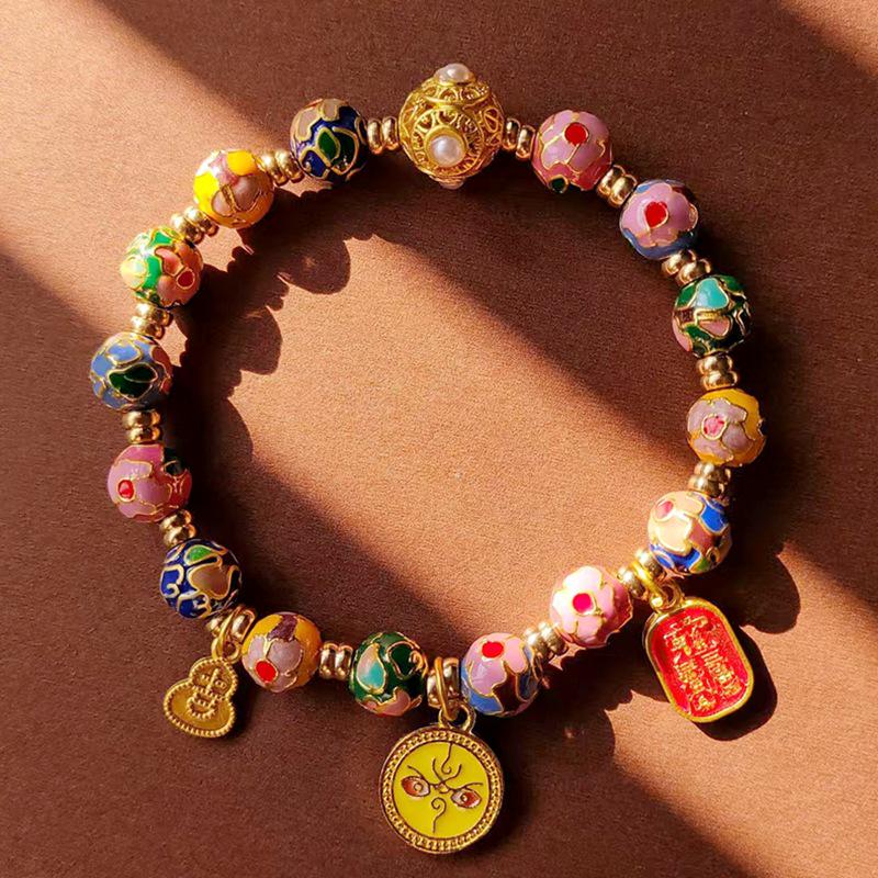 Scenic Jingtai Blue Luck Beads Glass Bracelet with Gold Foil and Yellow Wealth God Accents