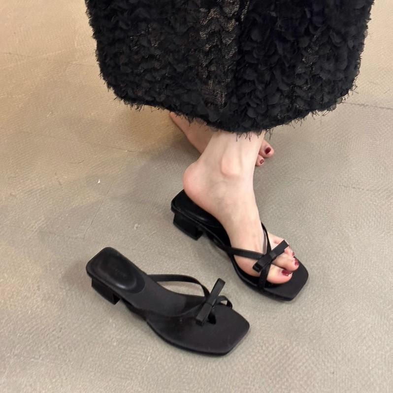 French thick heel bow slippers fairy shoes 2025 new summer beautiful small sandals toe vacation sandals