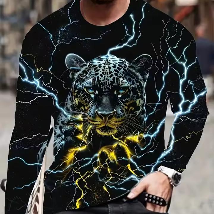

Мужская футболка с длинным рукавом Осень Новая 3D принт Животное Леопард Графика Футболки Весна Повседневный Хип-хоп Топы Мужская Одежда Большого размера S чёрный