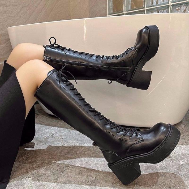 Fashion Thick Bottom Heightening Knee High Boot Women Autumn Lace Up Chunky Heeled Ladies Black Knight Botas Fashion Side Zip Long Boots