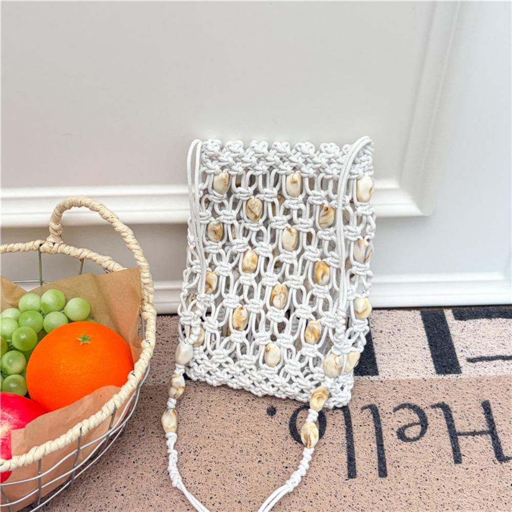 

Hollow-out Crossbody Phone Bag Handmade Large Capacity Woven Crochet Bags Casual Lightweight Beaded Bag for Beach Vacation белый