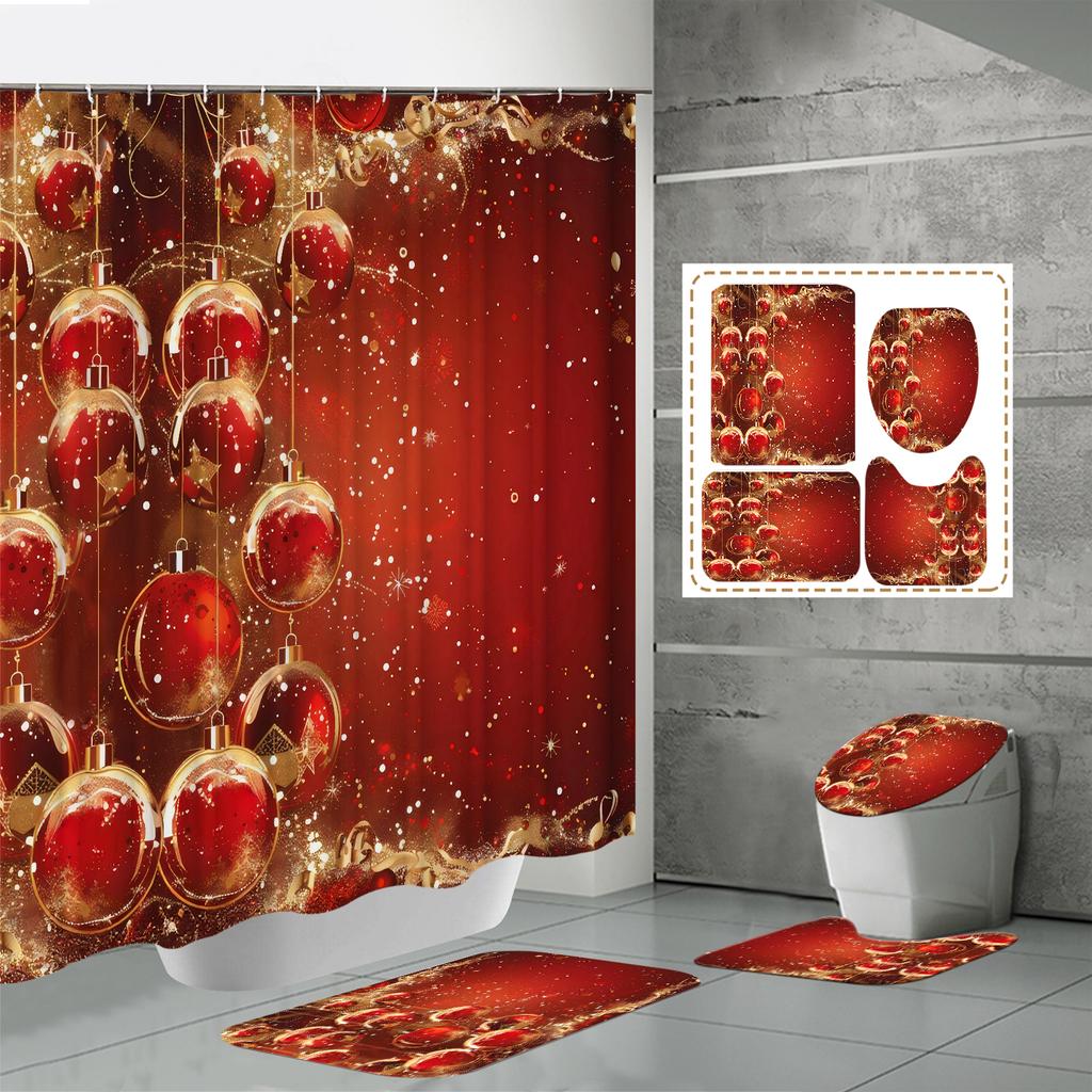 4 buc Seturi Perdea de Duș Cu Perdea de Duș și Covoare Covor Capac Toaletă Covoraș în Formă de U și Covoraș de Baie Set Baie Cu 12 Cârlige