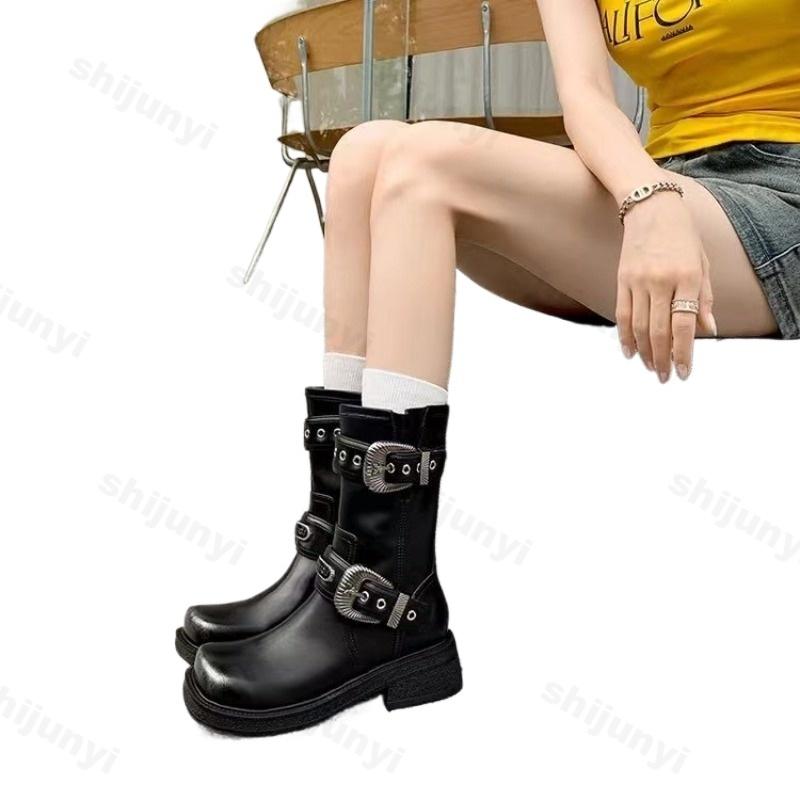 Fashion Women Short Boots 2025 New Autumn Square Toe Low Heel Straps Cowboy Knight Boots Fashion Platform Buckle Ankle Boots Botas Mujer