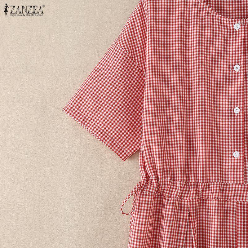 ZANZEA Women Casual Round Neck Short Sleeve Loose Grid Print Jumpsuits