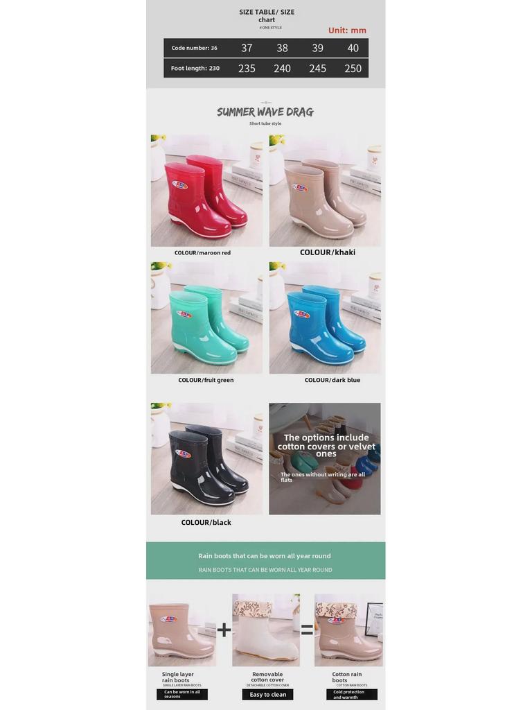 Women's Non-Slip Short Rain Boots - Fashionable, Warm, Low-Cut Rubber with Velvet, One-Piece Design
