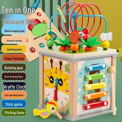 Children's Wooden Multi-Activity Toy: Radish Pulling, Insect Catching, Xylophone, Shape Matching, Bead Maze, and More.