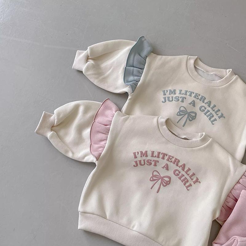 Trendy Spring & Autumn Girls' Lace Bow Cartoon Two-Piece Set