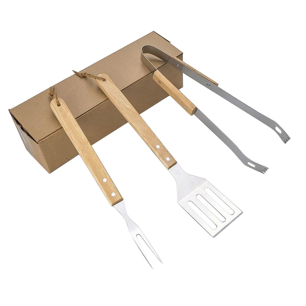 Wooden Handle Shovel Fork Outdoor Barbecue Tools BBQ Barbecue Set Grill Household Barbecue Clip , 3PCS