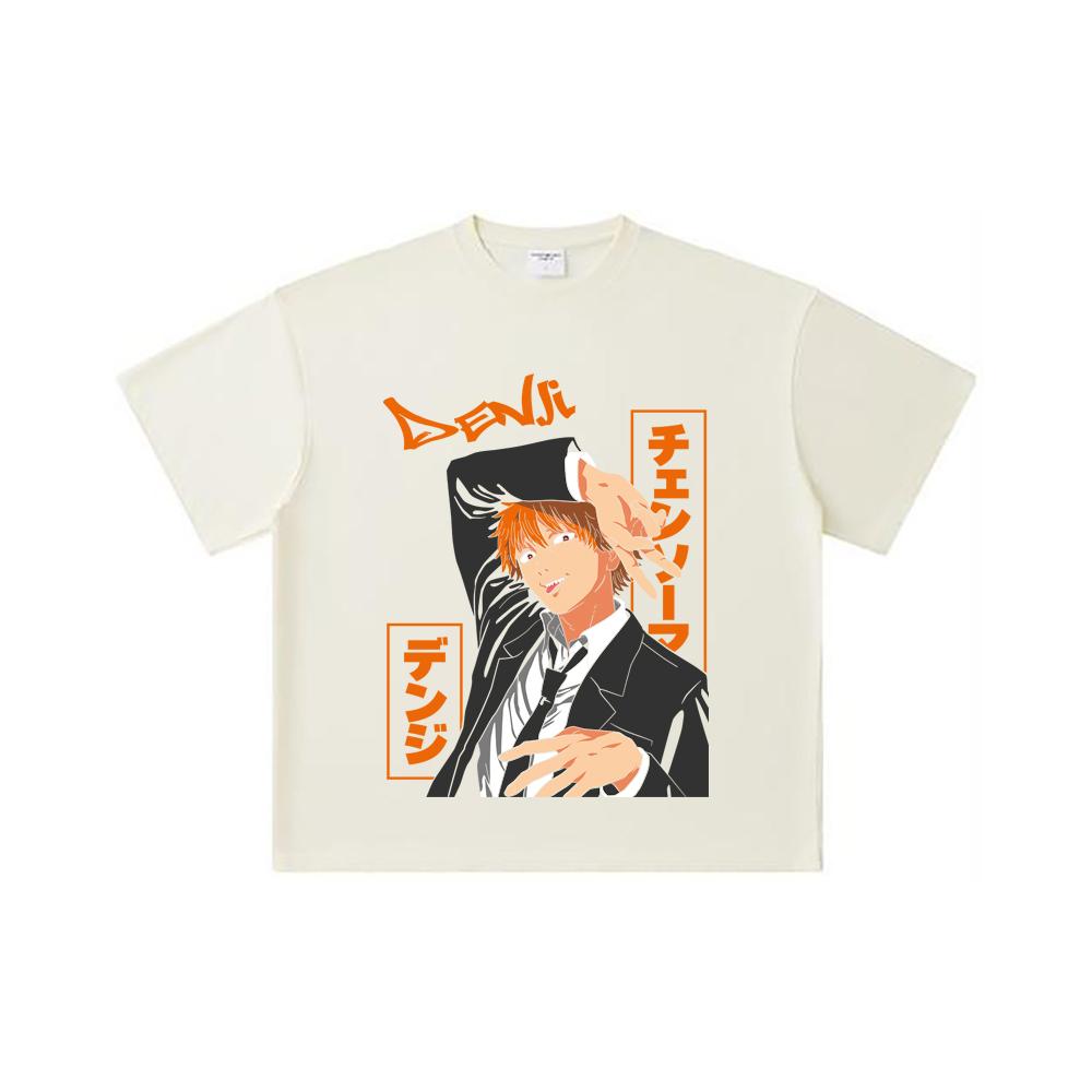 

260 GSM Double Yarn 32 Count 100% Cotton Chainsaw Man V56 Denji Print Unisex Heavy Cotton T Shirt S абрикосовый