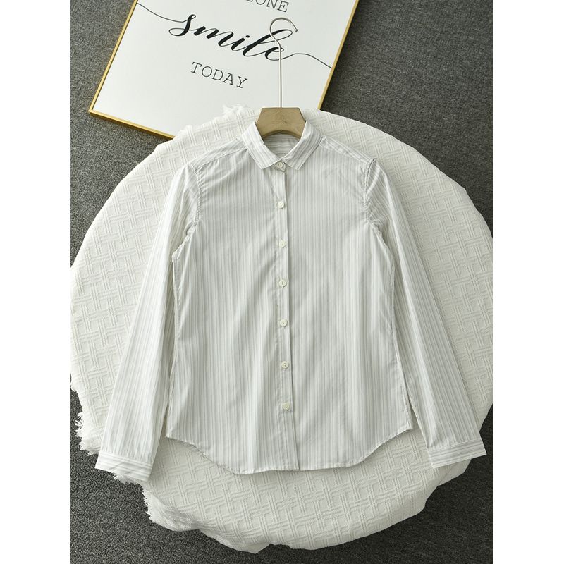 

Женские рубашки с длинным рукавом в белую полоску, тонкие, для весны и лета, Nx339, приталенного силуэта, для похудения, базовые, на каждый день, рубашка в стиле кэжуал, всесезонная White gray bar All yards