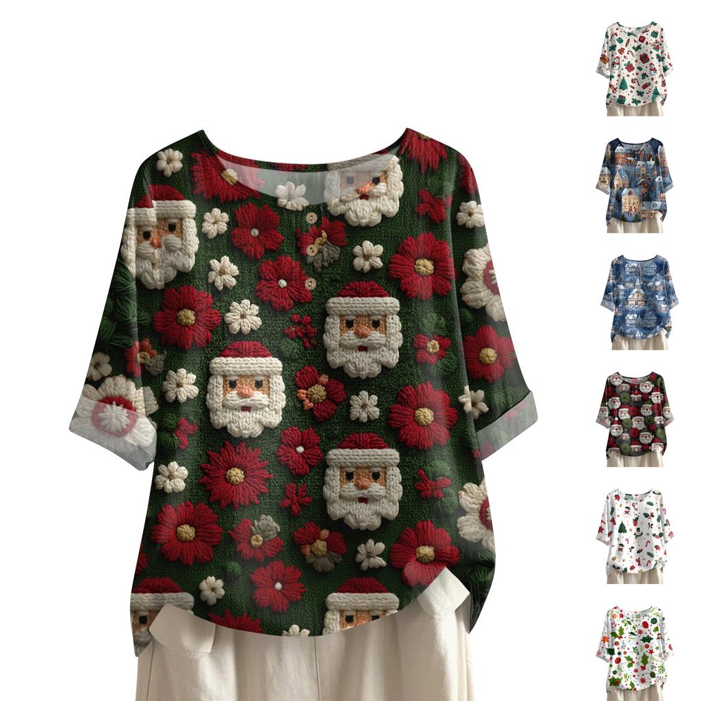 Women's Fashionable And Casual Shirt Half-sleeve Round Neck Print Cotton And Linen Blouse Top