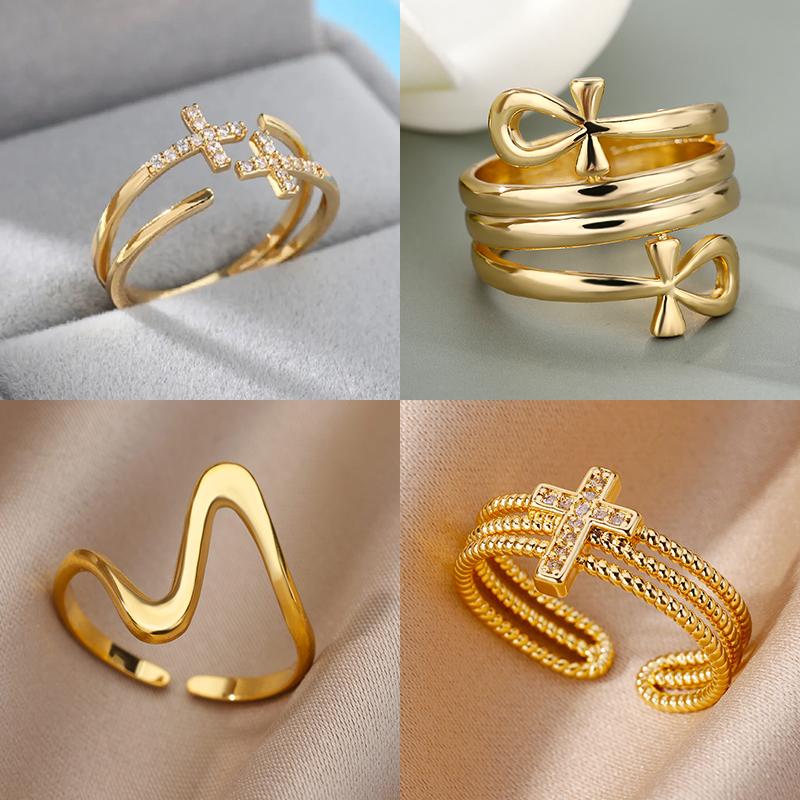 Zircon Double Cross Rings For Woman Stainless Steel Gold Color Shiny Opening Ring New Luxury Fashion Wedding Zircon Gift Bague