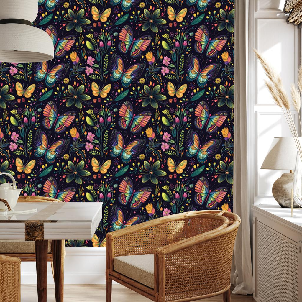 Wallpaper Colorful Butterflies Navy Blue and Indigo for Living Room and Bedroom 50x1000