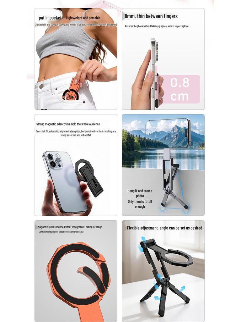 Portable Magnetic Phone Holder: Ideal for Photography, Filming, Drama Watching, Tripod Use, Desktop Stand, and Selfie Stick.