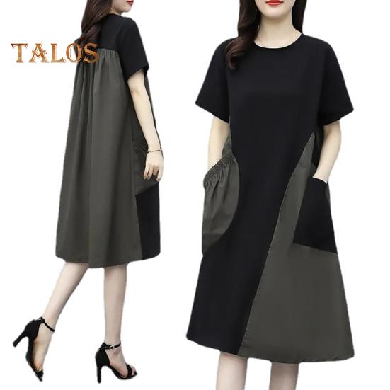 Women Midi Dress Round Neck Short Sleeve Loose Fit Summer Dress with Pockets Patchwork Color Lightweight Casual Dress