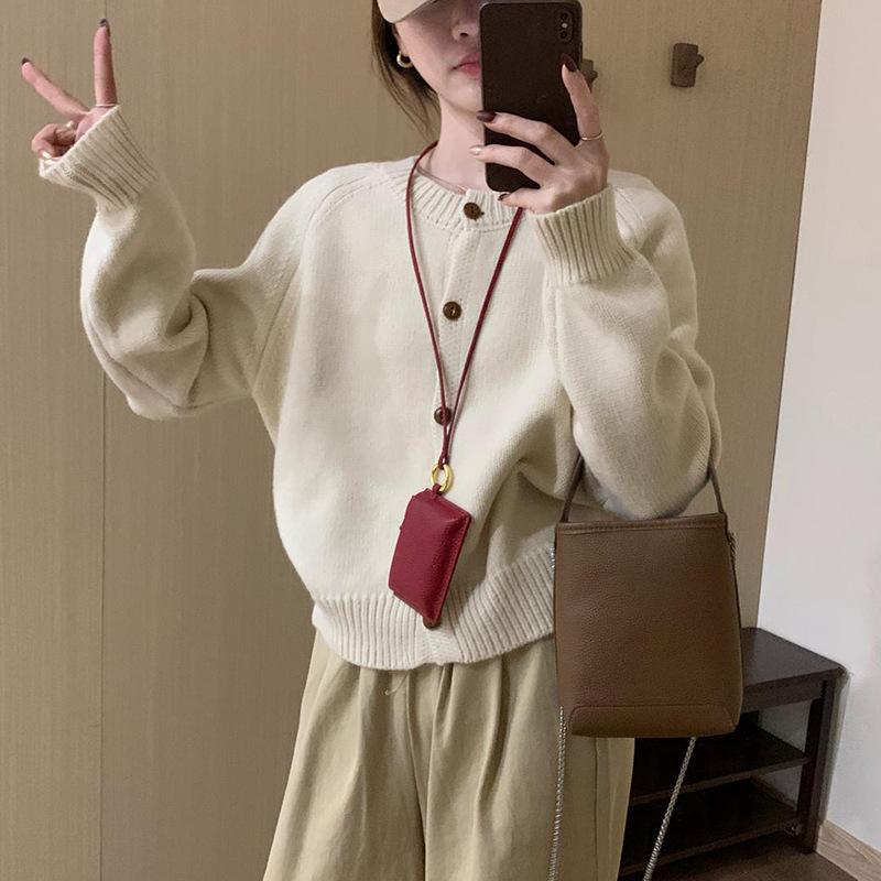 Autumn new crew neck knitted cardigan top women's loose casual and thin soft waxy sweater jacket