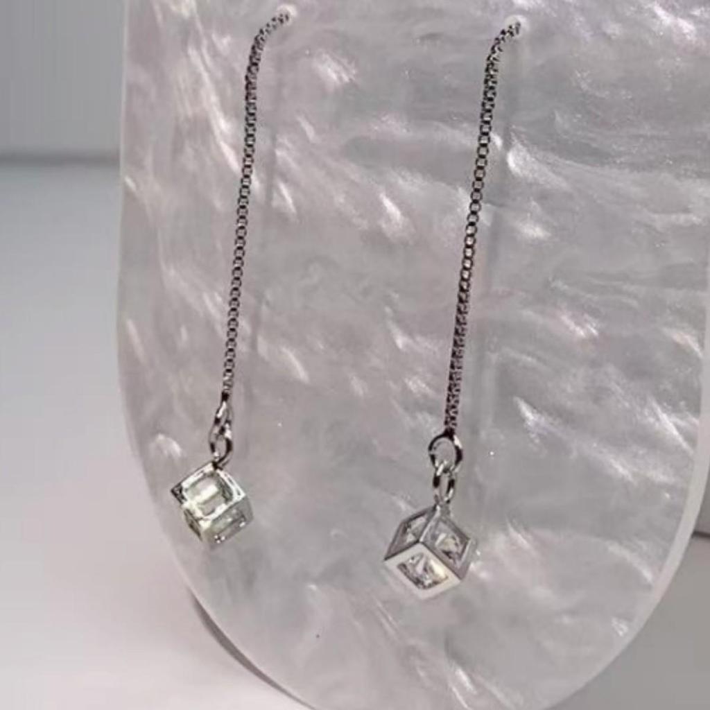 Korean Style Tassel Diamond Cube Long Dangle Earrings - Fashion Versatile Ear Wire Accessories
