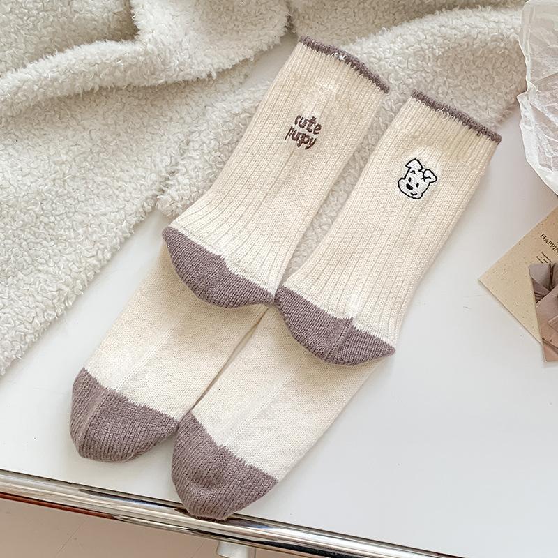 Embroidery Cartoon Socks Stacking Socks Season Fleece Thickened Warm Wool Socks Ab Cute Medium Tube Socks Women