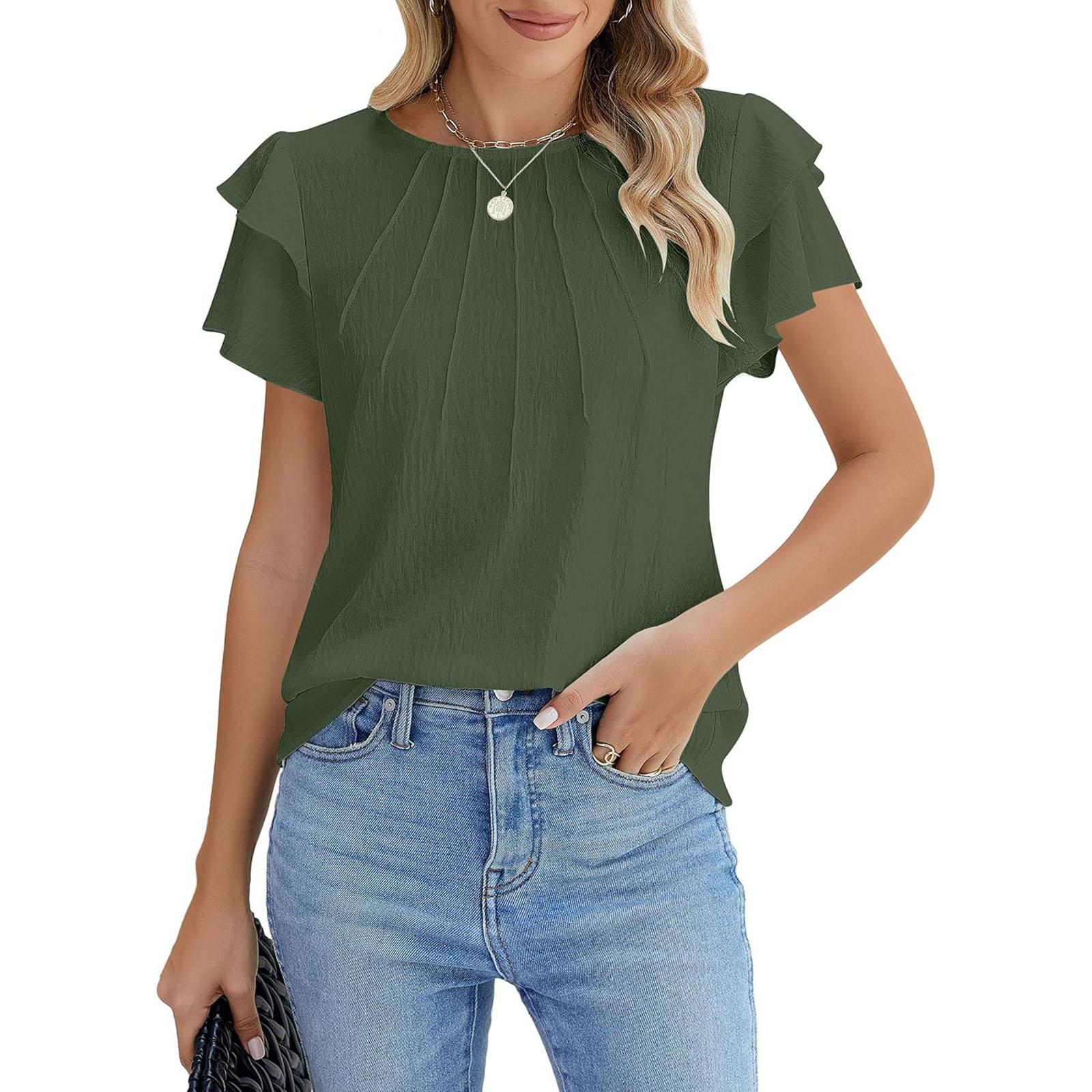 Women s Fashion Loose-Fit Round-Neck Pleated Pullover T-Shirt Short-Sleeve Top L