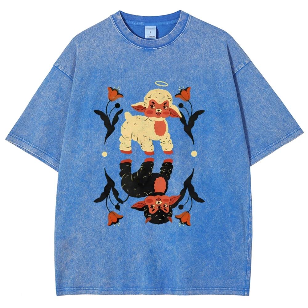 Cool Angel Demon Sheep T Shirts Unisex Washed Tees Men Women Short Sleeve T-shirts Cotton Streetwear T Shirts