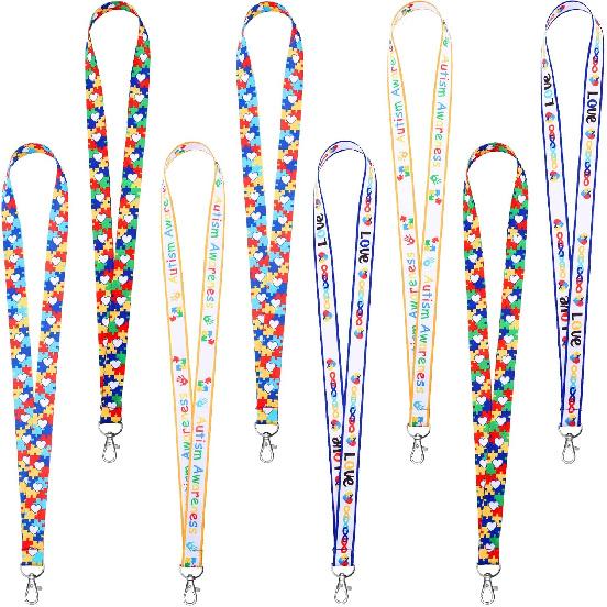 8 Pcs Autism Awareness Puzzle Printed Lanyard with Swivel Hook Autism Lanyard for ID Badges Key Chain for Asperger Awareness