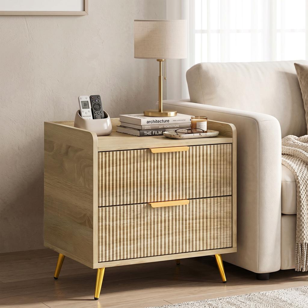 Bedside Table Cabinet with 2 Drawers Metal Legs Natural Wood Finish