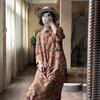Summer Woman Vintage Loose Disc Buckle Dress Cotton Three Quarter Print O-Neck Chinese Style Dress