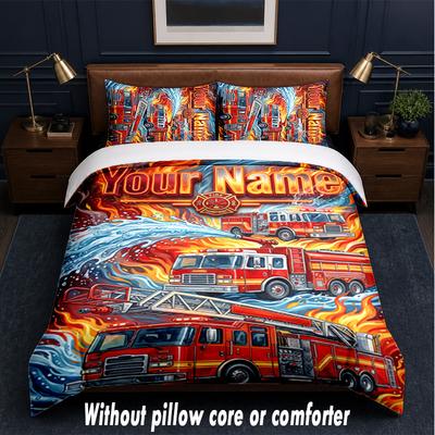 Fire Truck Theme Custom Text Or Name 3Pcs Bedding Set,1 Flat Sheet & 2 Pillowcases Personalized Home Bedding
