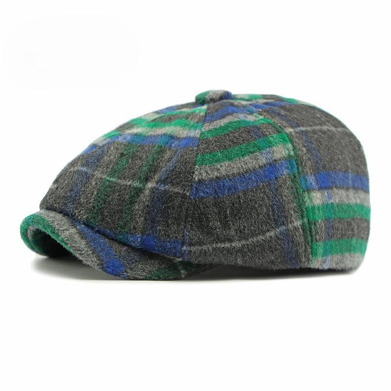 Men Women British Retro Woolen Plaid Newsboy Cap Fashion Octagonal Painter Hat Autumn Winter Warm Cabbie Peaked Cap Gatsby Style