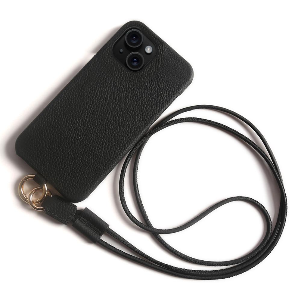 

For iPhone 15 Case with Lanyard Genuine Cow Leather PC Phone Back Cover Black