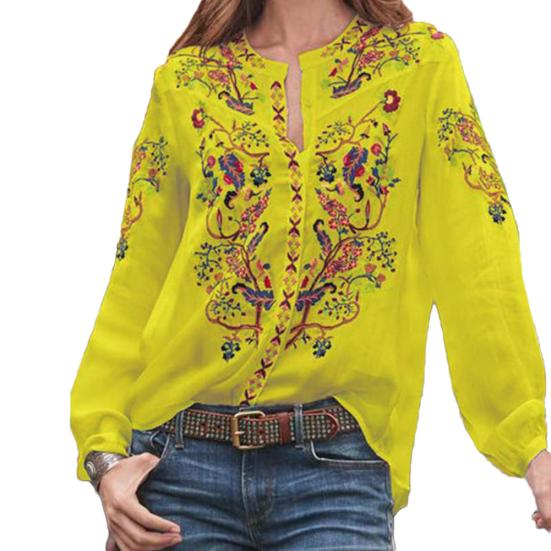 Vintage Women O Neck Long Sleeve Floral Print Pullover Loose Plus Size Shirt