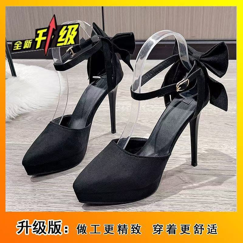 12Cm thin heel waterproof table one-word buckle with fashion adult gift high heels bow high heels pointed sandals women