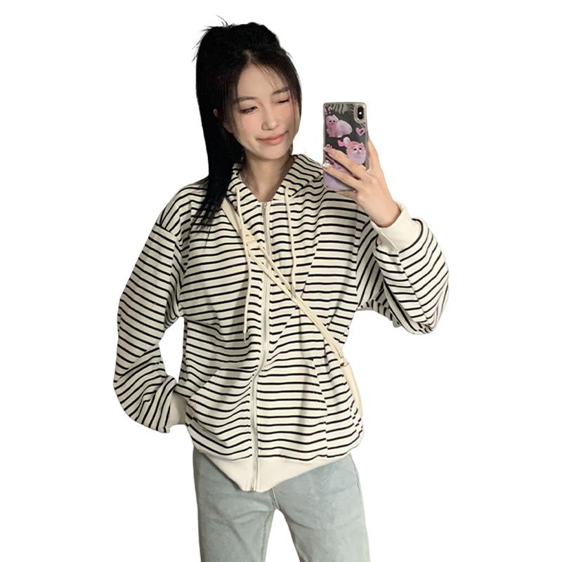 Hooded Sweater Women's Autumn Trend Loose Striped Zipper Casual Sweater Jacket Cardigan Top