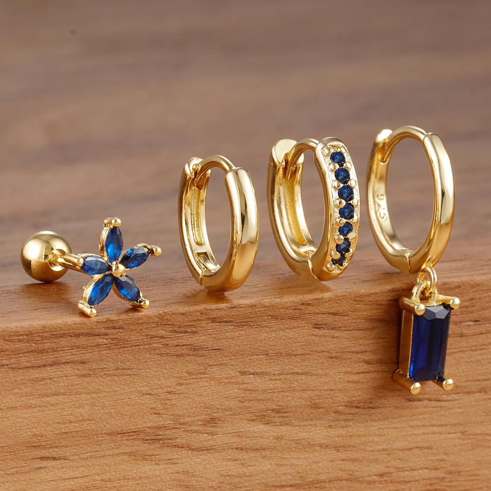 4PCS Exquisite Stainless Steel Flower Square Earrings Set for Women Gold Plated Huggie Dangle Earring Piercing Jewelry aretes
