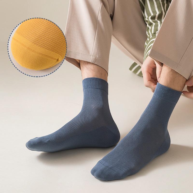 Men's Socks Mid-calf Mesh Breathable Sweat Cotton Anti-odour Mid-calf Socks Anti-pilling Solid Colour Boneless Leisure Cotton Socks