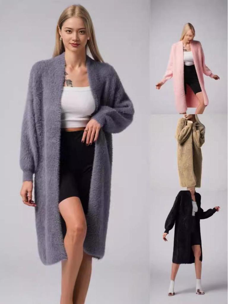 2024 Damen Herbst/Winter Strickjacke aus Faux-Nerz, Lockerer Midilanger Pullovermantel, Lässiger Stil