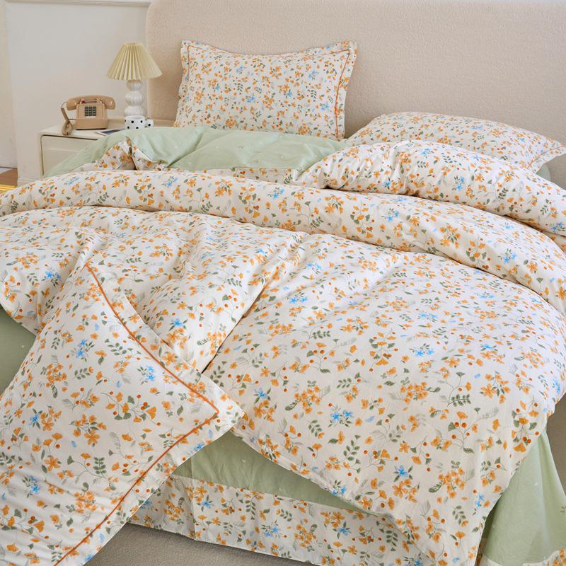 Fresh & Simple Pure Cotton Four-Piece Printed Dorm Set – Includes Three-Piece All-Cotton Bed Sheet, Bed Skirt, and Bedding Set.