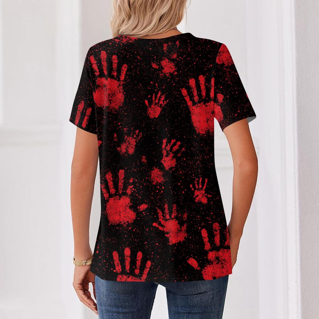 Women's Casual Halloween Printed V-Neck Short Sleeve Button Front T-Shirt