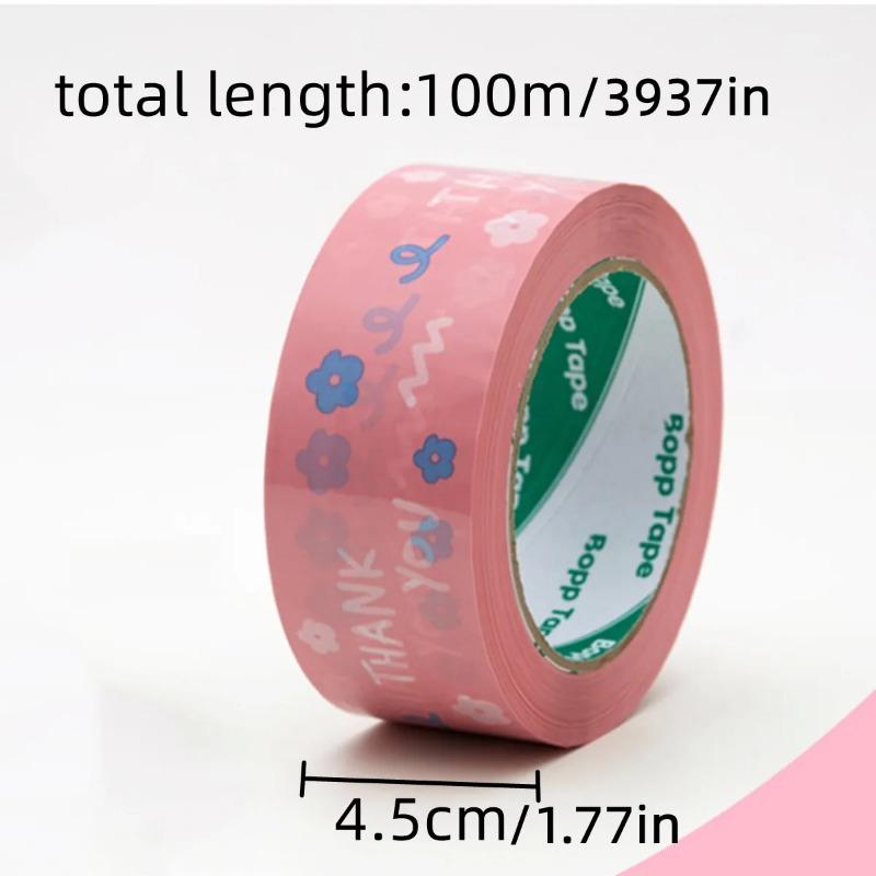 1Roll 4.5cm*100m Pink Flower Thank You Tape, Thank You Thanks Cartoon Sealing Adhesive Paper, Self-adhesive Gift Bag Carton Packing Tape
