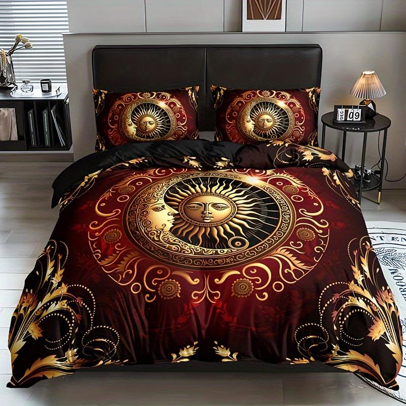 Mystic Celestial Sun & Mon Patern Soft Duvet Cover Set 3PCS 1 Soft Duvet Cover+2 Pilow Shams Breathable Polyester Fabric Beding Set