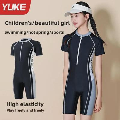 Maillot de bain une pièce sportif pour enfant 2024 - Taille M/L, amincissant, couvrant le ventre, manches courtes pour la plongée et les sources chaudes