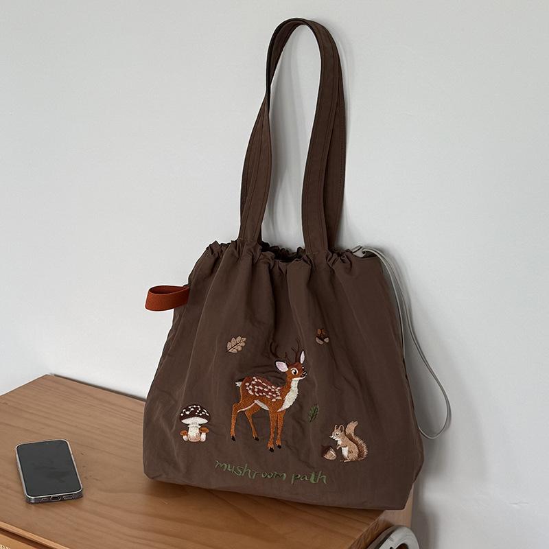 Carto Embroidery Nyl Shoulder Bags for Women Casual Student Ladies Large Capacity Tote Simple Female Drawstring Handbags