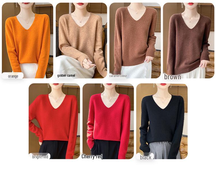 Women's V-Neck Thickened Wool Knit Sweater – 100% Pure Loose Fit