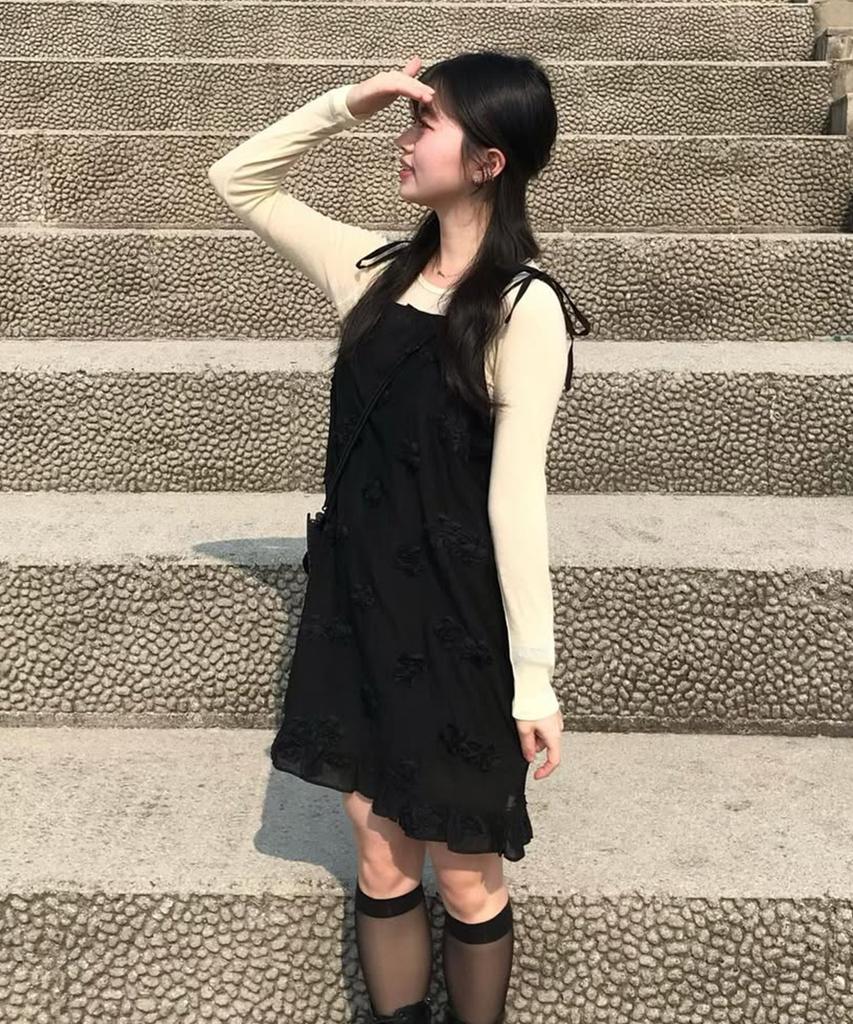 Belloel Flower Volume Ribbon Dress Black