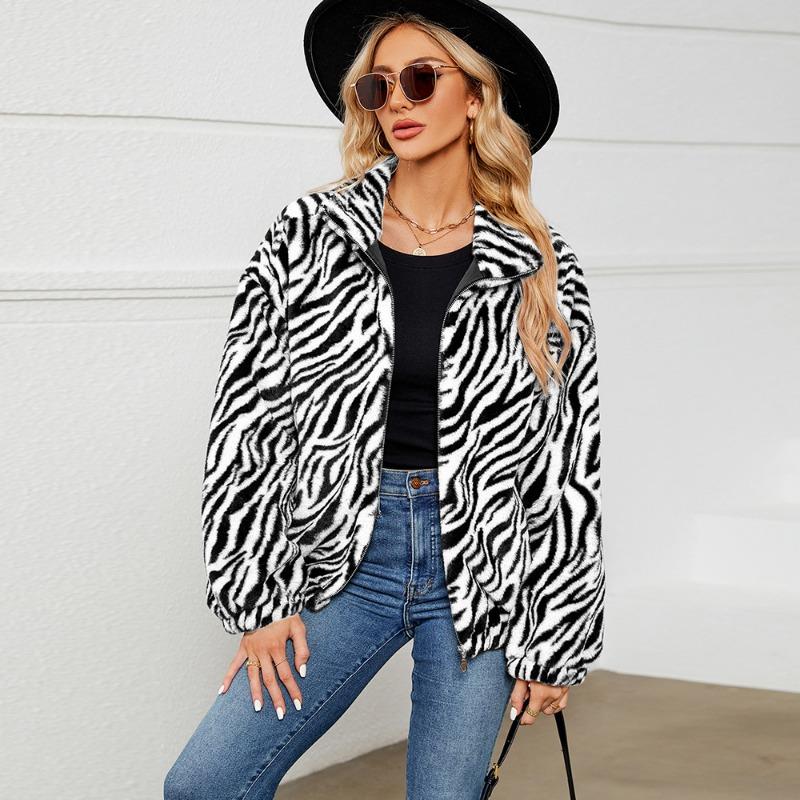 Women's Zebra Print Faux Fur Zip-Up Jacket Stand Collar Warm Winter Coat