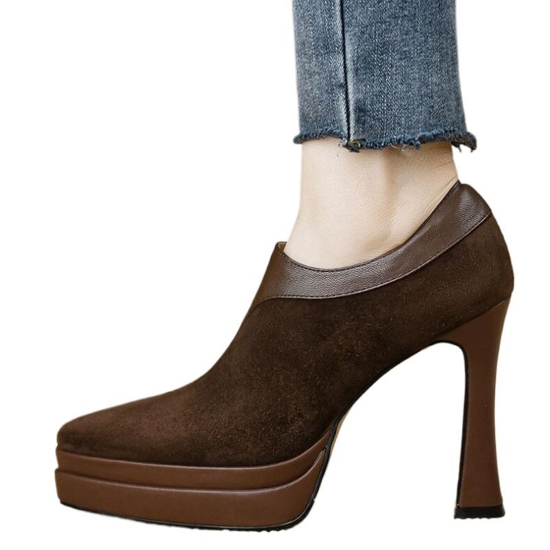 Kvinners spisse plattformsko i semsket skinn med høye hæler Moteselskapsko Kvinne Høst 2025 Trend Elegante kontorpumps Zapatos Mujer