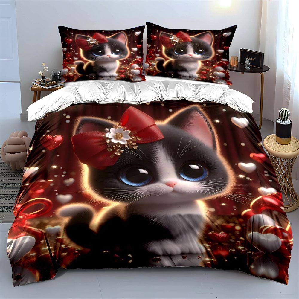 3Pcs Cute Cat With Heart Decorations Duvet Cover Set With 3D Printing Design Soft Polyester Bedding Set All-Season Comfort