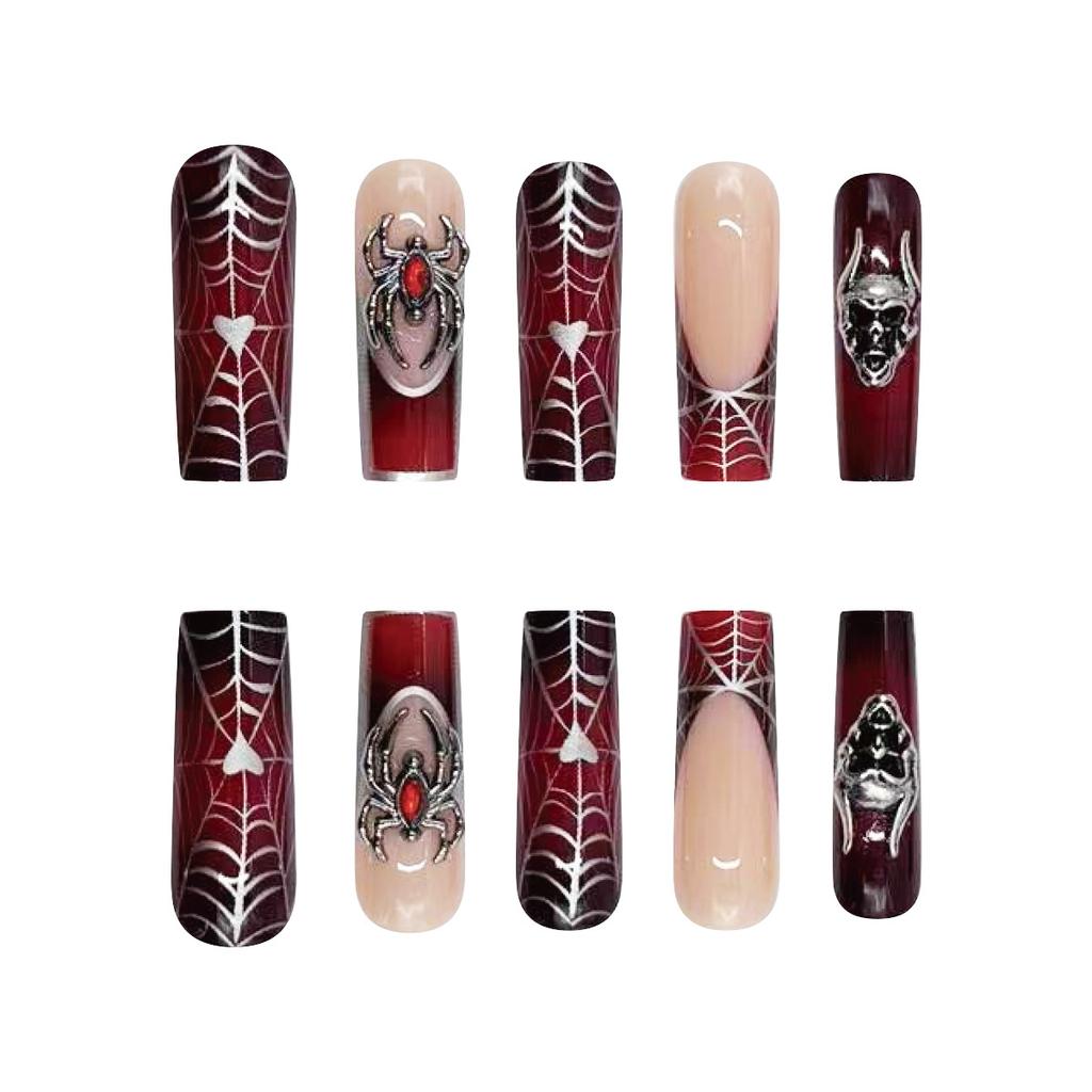 24 Stück Halloween Press-On Nägel Gothic Punk 3D Spinnen Schädel Design Falsche Nägel Schwarz Süß Cool Y2k Sarg Kopf Französische Falsche Nägel