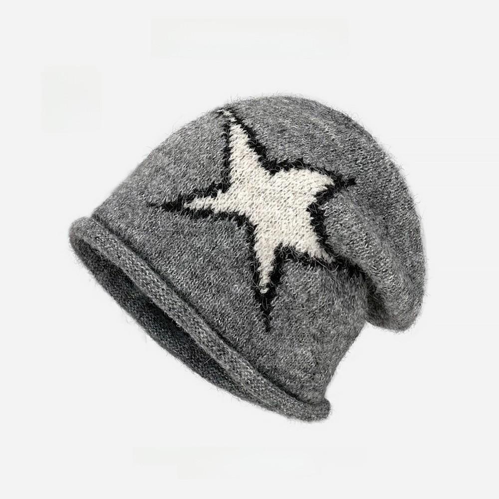 Fashion Star Patterned Beanie Cap Edge Curl Soft Brimless Skull Cap Ear Protection Elastic Slouchy Hat