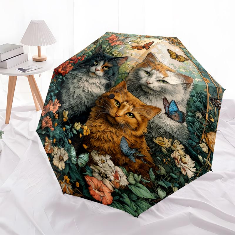 

Butterfly Cat pattern, automatic folding umbrella, portable and foldable design, 8 ribs, a Christmas or birthday gift.